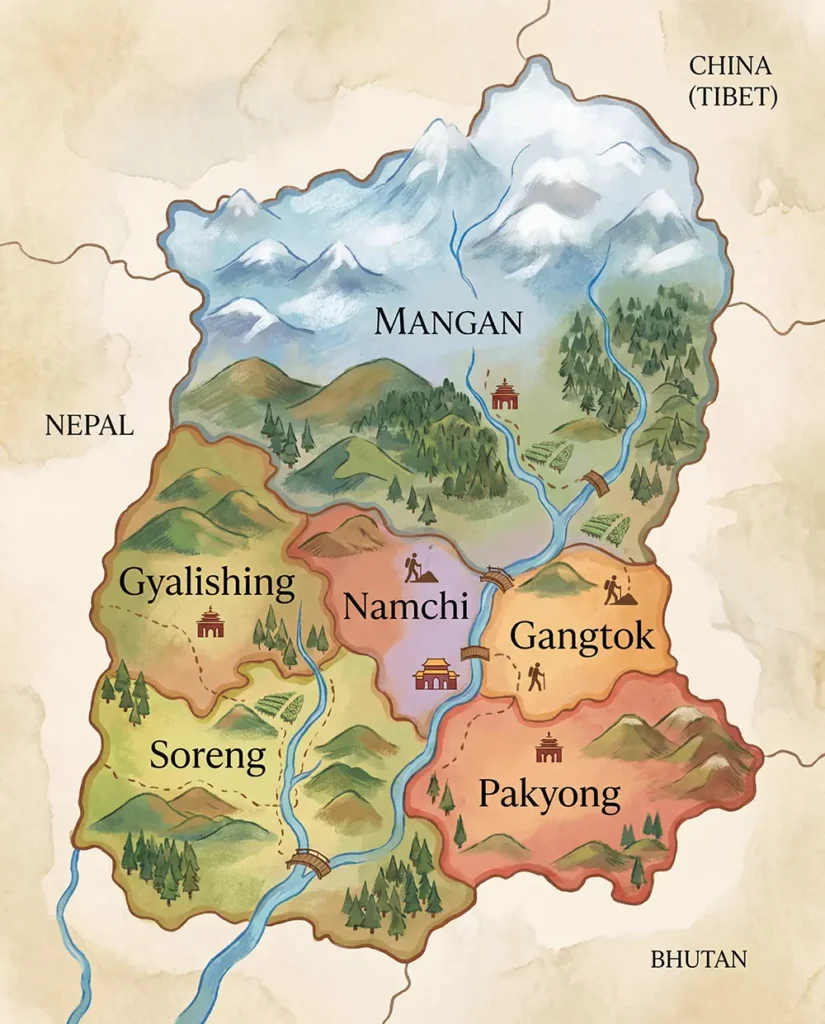 Illustrated Sikkim map displaying the six districts of Mangan, Gyalishing, Namchi, Gangtok, Soreng, and Pakyong with international borders.