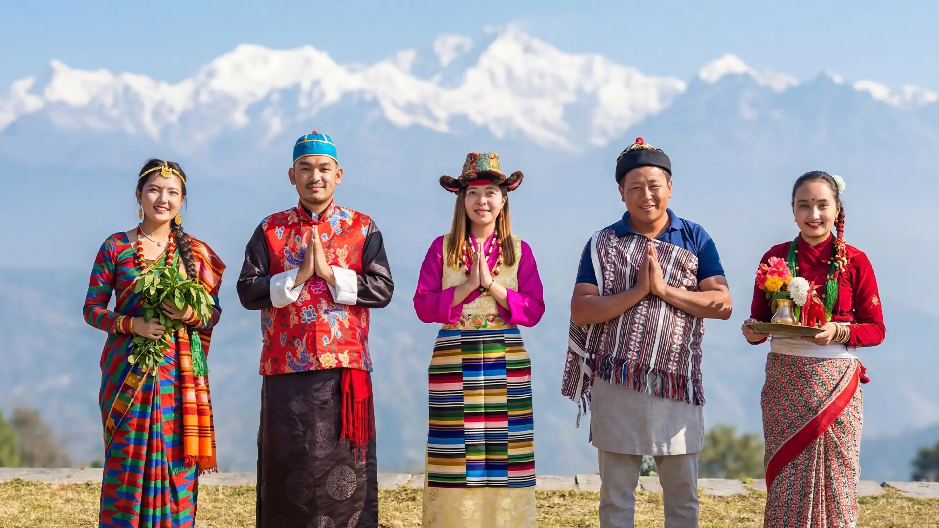 People from the Lepcha, Nepali, Limboo Tsong, and Bhutia communities of Sikkim standing together in traditional attire, greeting with folded hands against a backdrop of the Himalayan mountains, representing the cultural diversity and harmony of Sikkim.