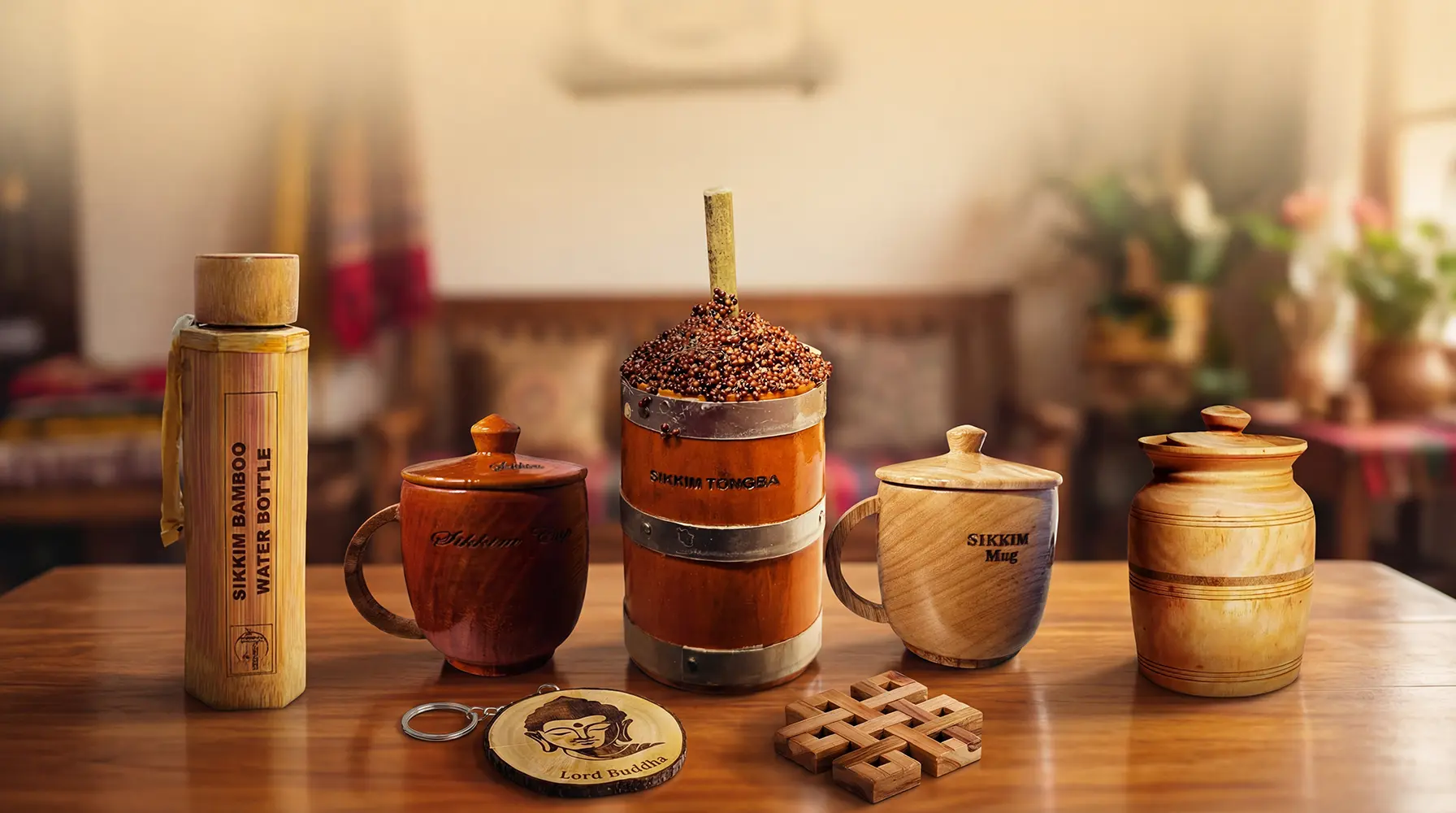Eco friendly bamboo and wooden handicrafts of Sikkim displayed on a wooden table, including a bamboo water bottle, handcrafted wooden mugs, a traditional Sikkim Tongba vessel, storage containers, and bamboo souvenirs, reflecting sustainable Himalayan craftsmanship.