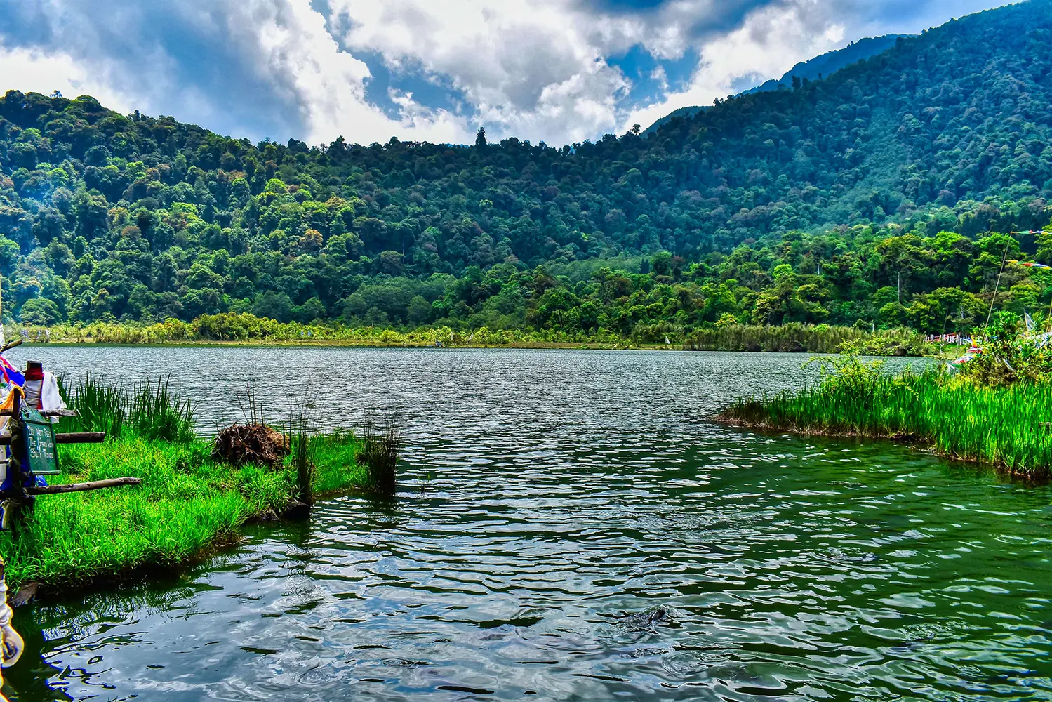 Scenic view of Khechuperi Lake in West Sikkim, surrounded by dense green forested hills and clear water under a bright sky, reflecting the natural beauty and sacred landscape of Sikkim.